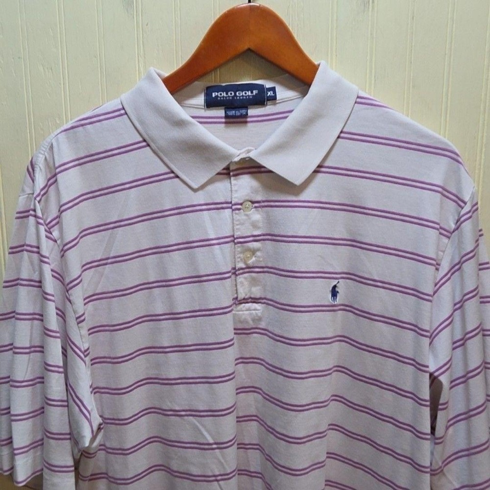 Polo Golf Ralph Lauren Polo Shirt Mens XL White Purple Stripe Short Sleeve Top